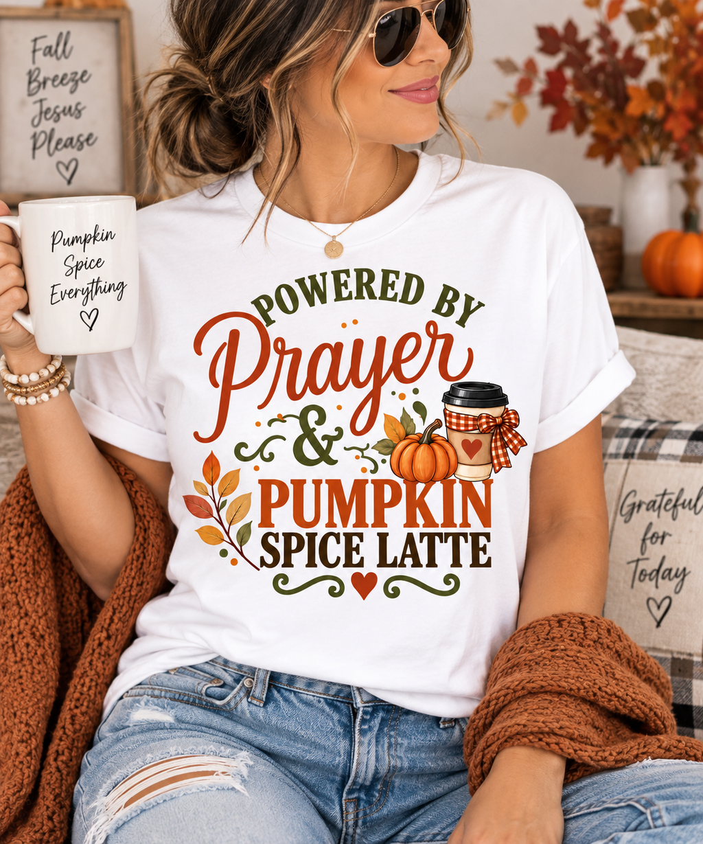 Powered by Prayer & Pumpkin Spice Latte Faith Tee