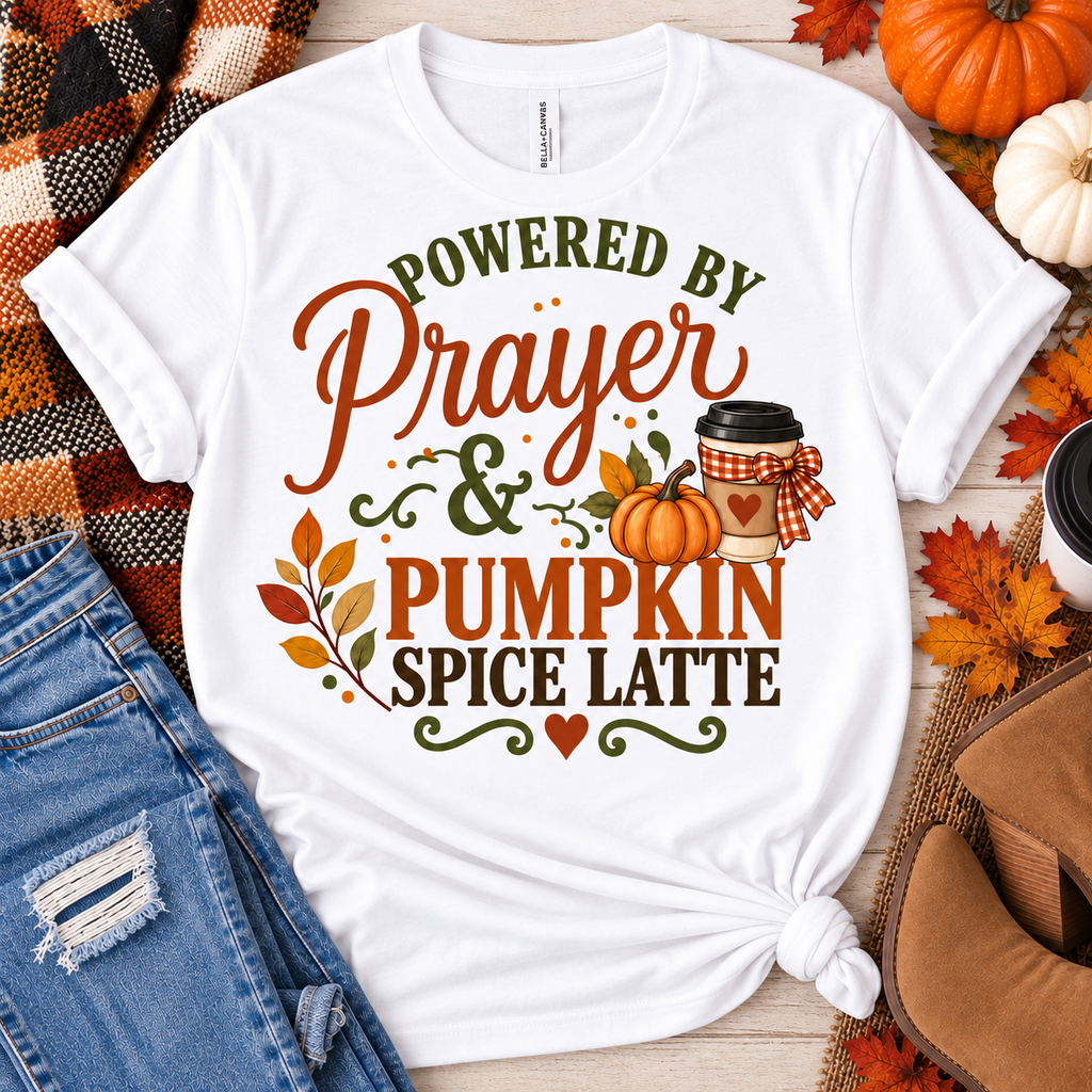 Powered by Prayer & Pumpkin Spice Latte Faith Tee